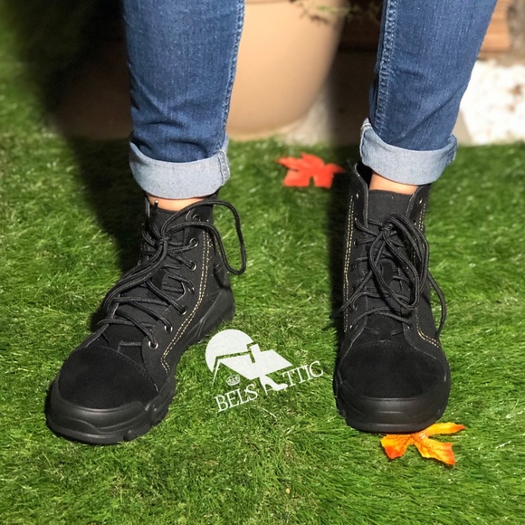 Black Vegan Suede Cap Toe Sneaker Combat Bootie - Picture 3 of 6